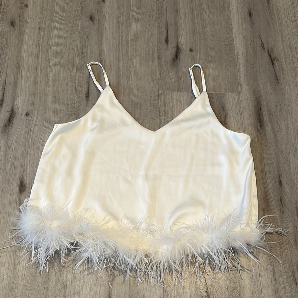 ENTRO women's white feather trim cami tank top sleeveless blouse L